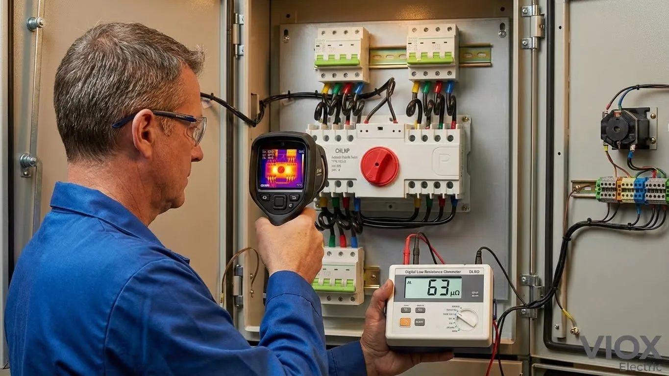 Técnico electricista que realiza pruebas de diagnóstico en un ATS utilizando una cámara térmica IR y un ohmímetro digital de baja resistencia DLRO