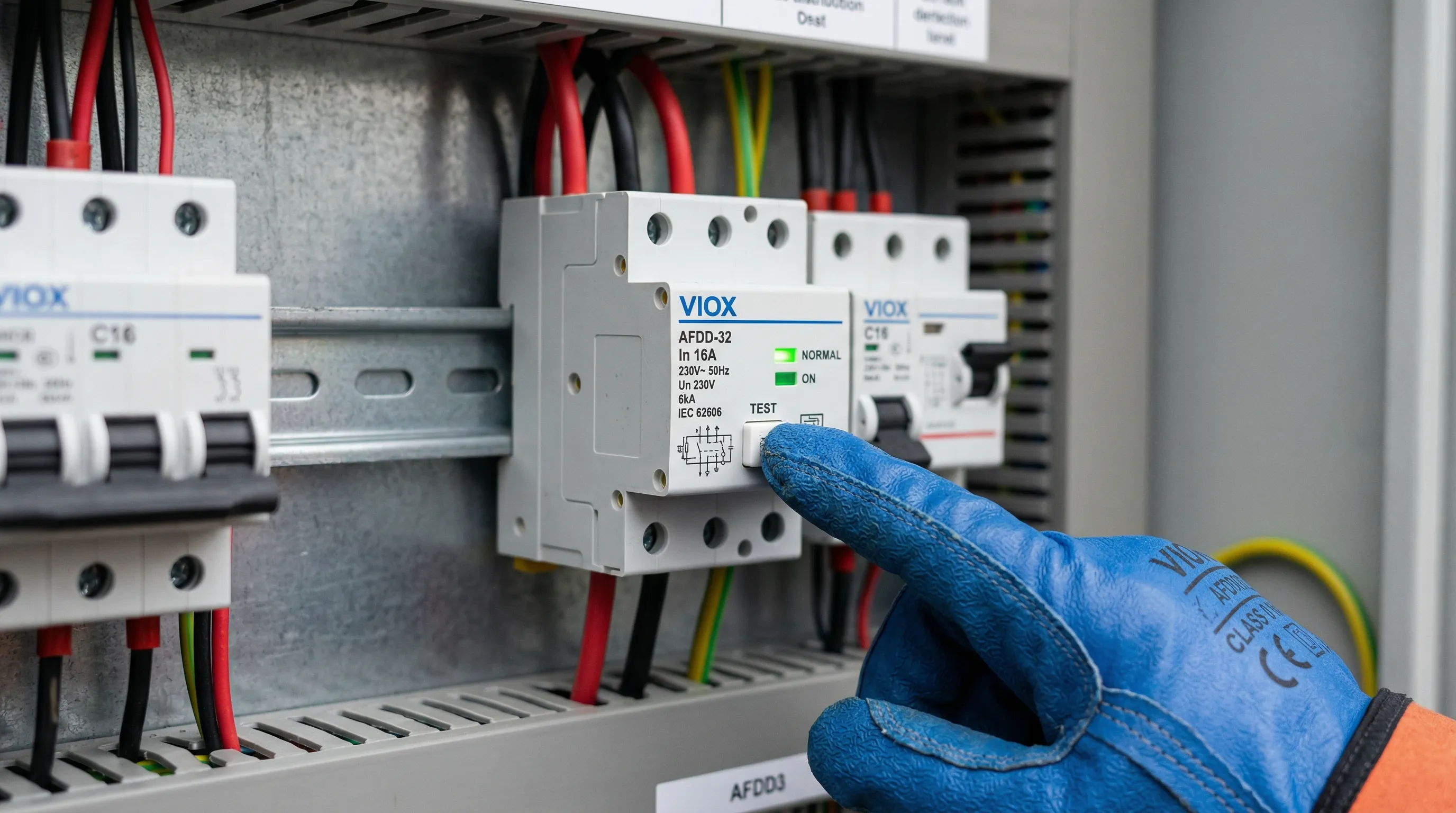 Elektriker drückt den Testtaster am VIOX AFDD Arc Fault Detection Device im Verteilerfeld zur monatlichen Sicherheitsüberprüfung