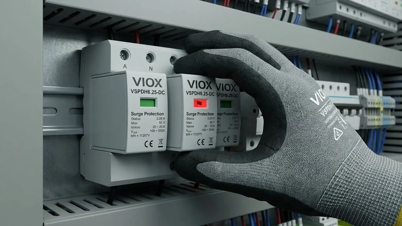 Elektrikář vyměňuje vadný modul přepěťové ochrany VIOX s červeným indikátorem stavu v průmyslovém ovládacím panelu