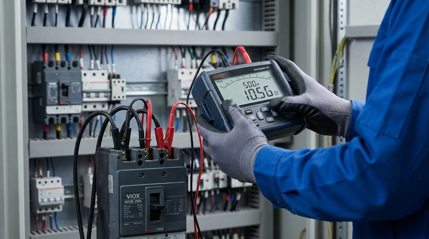 Electrical technician testing VIOX circuit breaker insulation resistance with digital megohmmeter