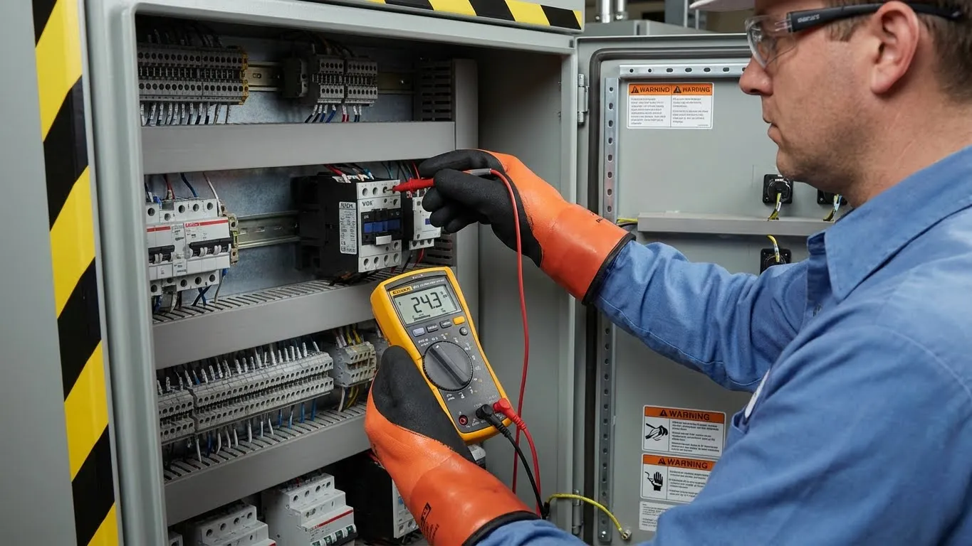 Electrical technician testing contactor coil voltage with multimeter in industrial panel - VIOX troubleshooting guide