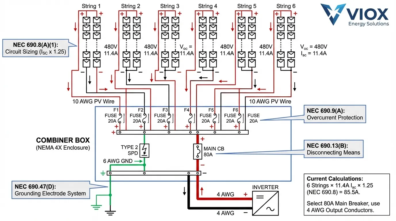 Sơ đồ sơ đồ nối dây điện cho thấy sáu chuỗi tấm pin mặt trời được kết nối thông qua hộp kết hợp VIOX với cầu chì, bảo vệ chống sét lan truyền và bộ ngắt mạch chính đến biến tần với kích thước dây tuân thủ NEC