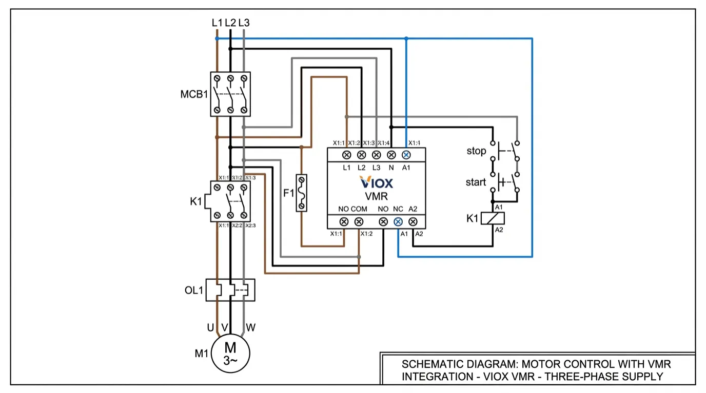 Elektromos kapcsolási rajz, amely a VIOX feszültségfigyelő relé integrációját mutatja az MCB-vel és a motor kontaktor vezérlő áramkörével