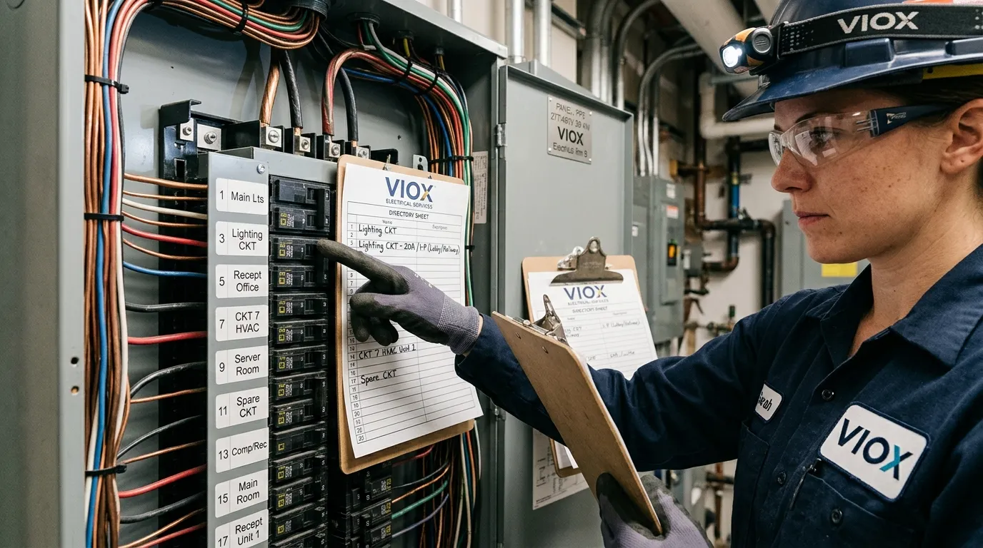 Elettricista che controlla le etichette degli schemi dei quadri con le marcature del circuito CKT.