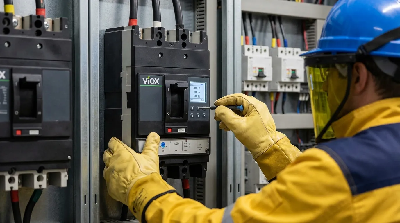 유지 관리 중 산업 배전반에서 VIOX MCCB의 전자 트립 설정을 구성하는 전기 기술자
