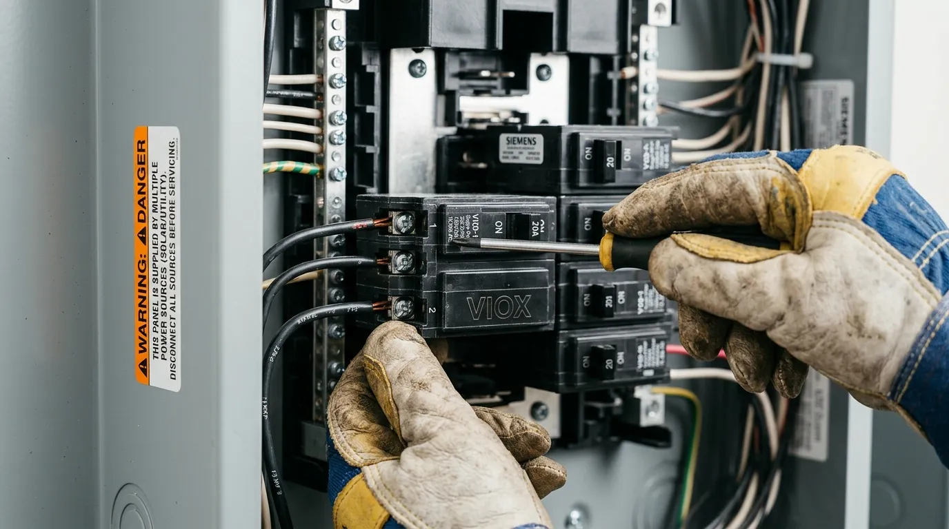 Elektrisyan na sinusuri ang mga marka ng terminal ng VIOX circuit breaker para sa reverse feed suitability sa residential panel