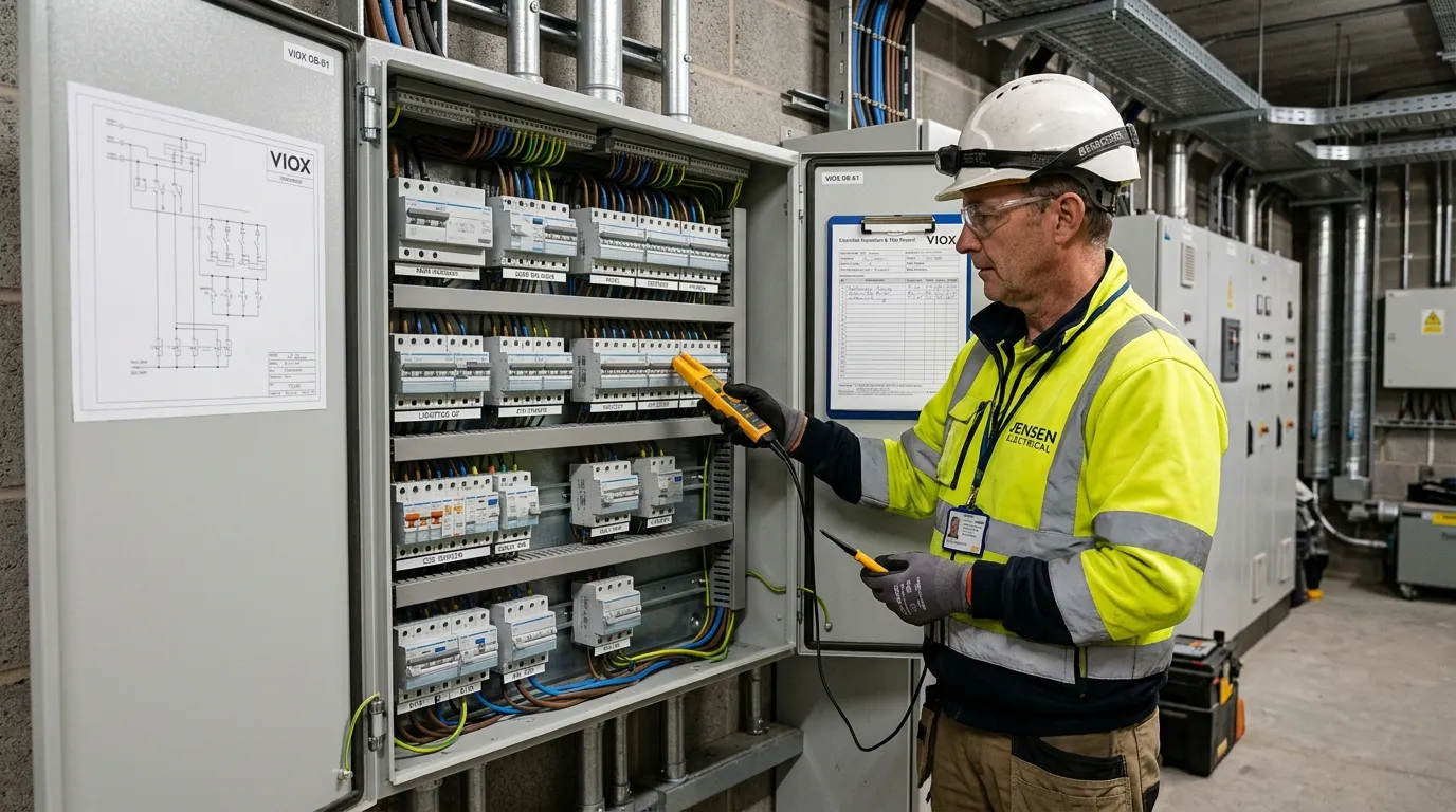 Electrician inspecting a distribution board with MCB, RCCB, and RCBO devices installed