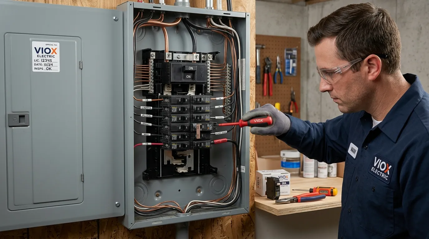 전기 기술자가 전기 패널에서 회로 차단기를 안전하게 교체