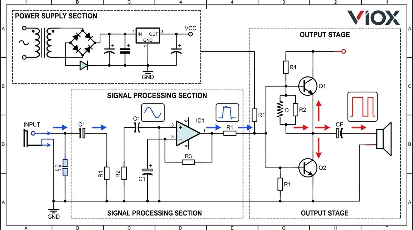 Electronic circuit schematic diagram showing semiconductor components, signal flow, and amplification stages for information processing