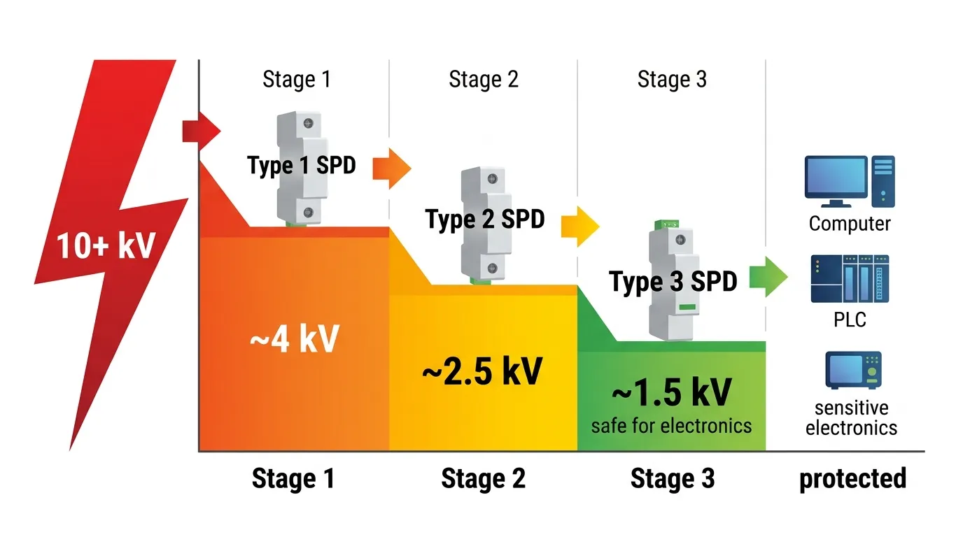 Energia koordinációs kaszkád diagram, amely szemlélteti, hogy az 1., 2. és 3. típusú SPD-k hogyan csökkentik fokozatosan a túlfeszültség szintjét