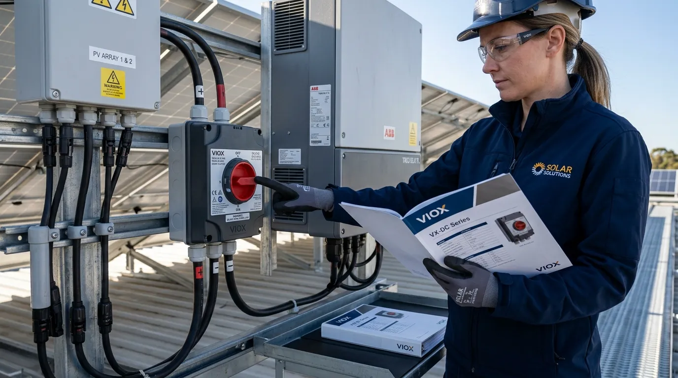 Insinyur memeriksa peringkat sakelar isolator DC pada instalasi fotovoltaik