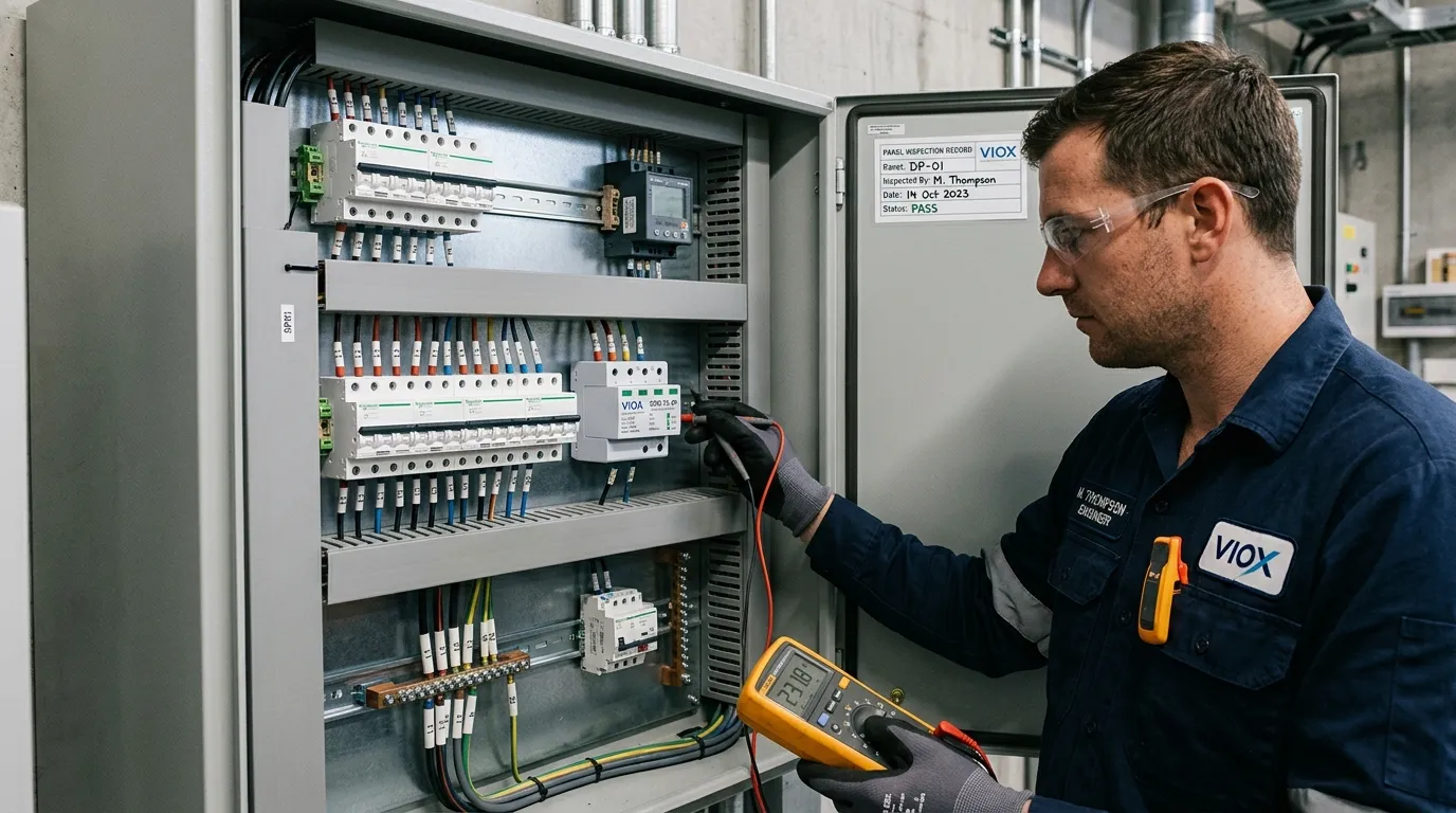 상업용 전기 캐비닛에서 패널 장착 서지 보호 장치를 검사하는 엔지니어