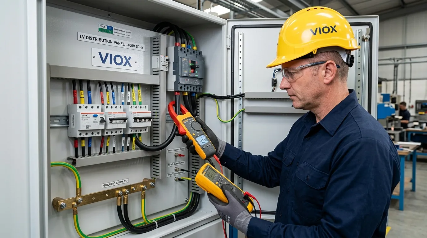 Engineer inspecting leakage current, residual current, and ground current behavior in an electrical panel