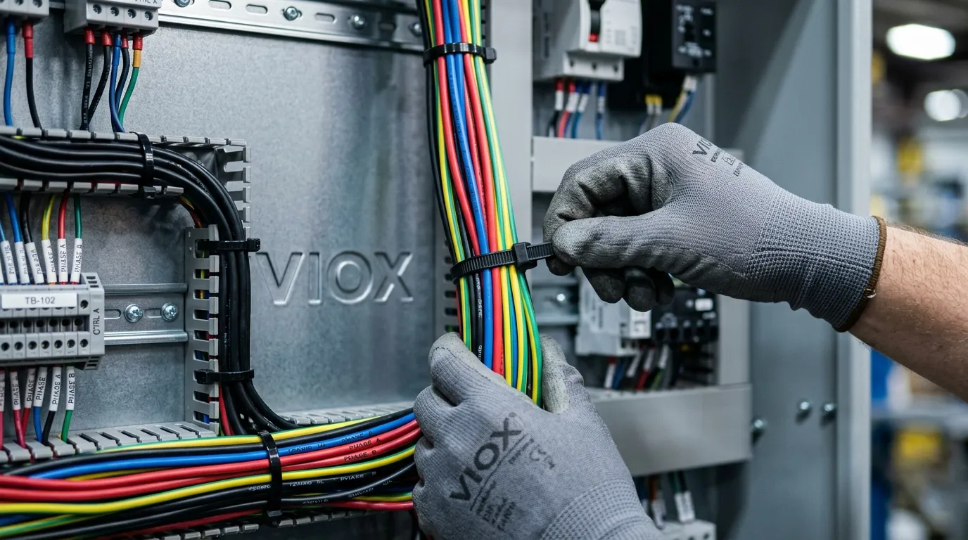 Engineer installing self-locking cable ties on electrical cables in VIOX control panel during industrial assembly