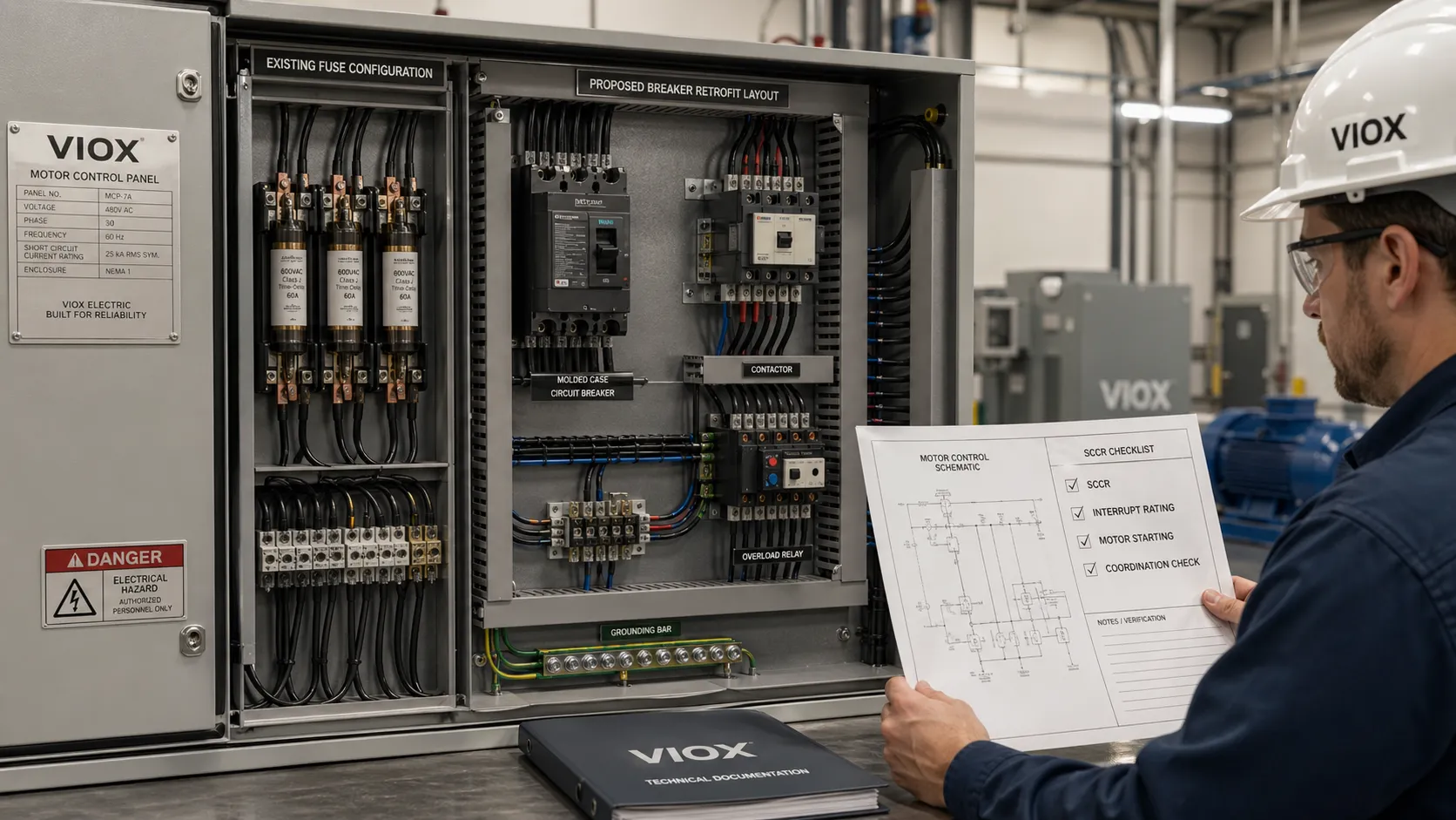 Electrical engineer systematically reviewing the SCCR checklist and technical documentation for a proposed fuse-to-breaker retrofit inside a motor control panel