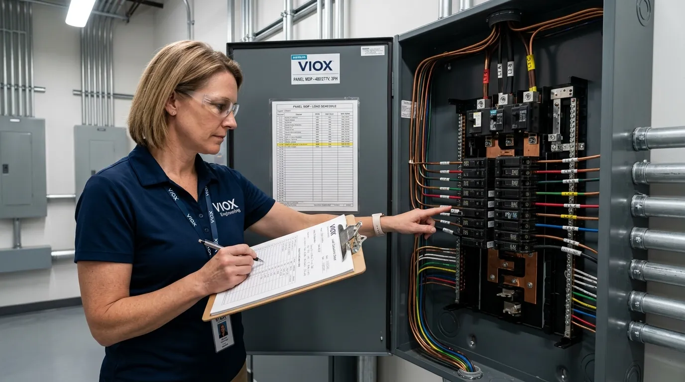 Engineer reviewing continuous load calculations in front of an electrical distribution panel