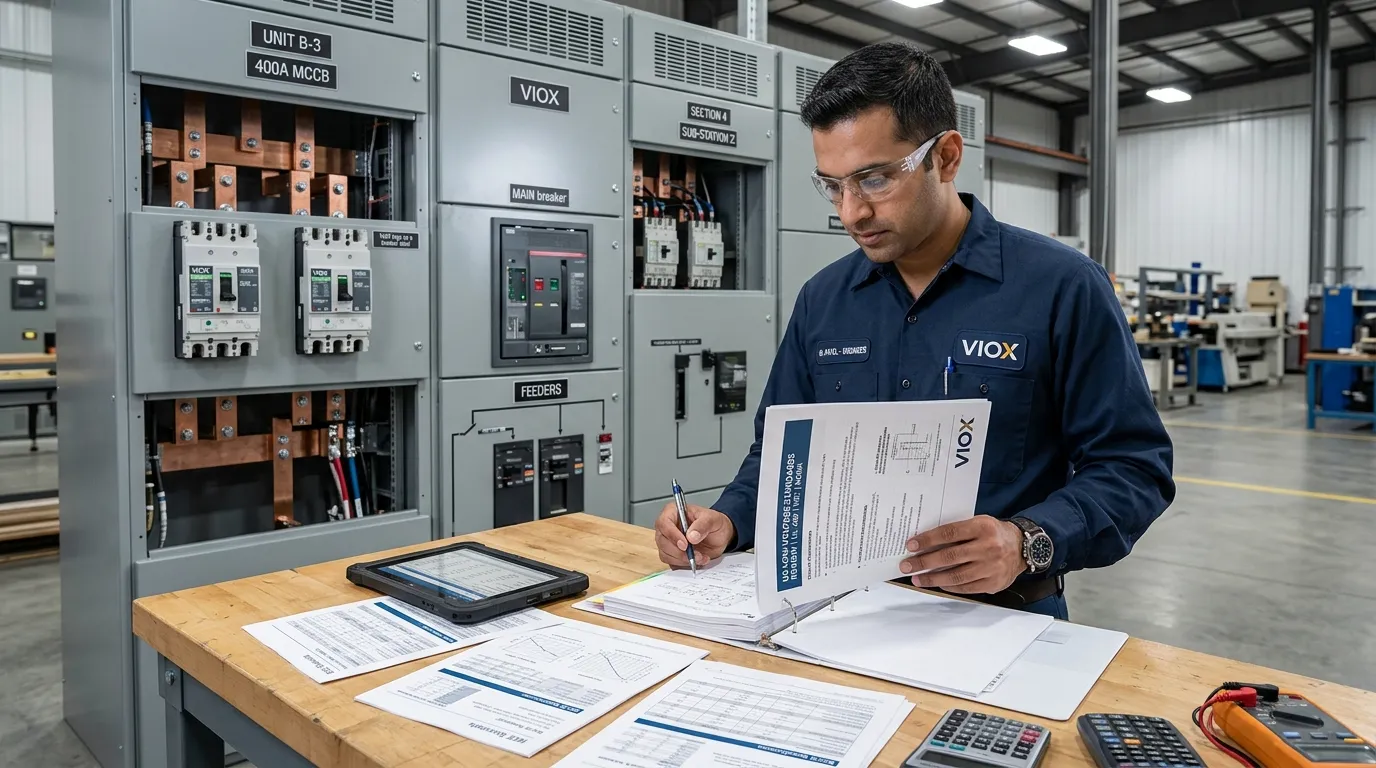 Engineer reviewing low-voltage circuit breaker standards in front of switchgear and distribution equipment