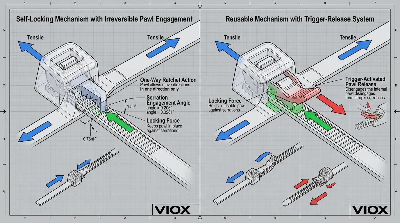 Engineering diagram comparing self-locking and reusable cable tie mechanisms with force vectors and release operation illustrated by VIOX
