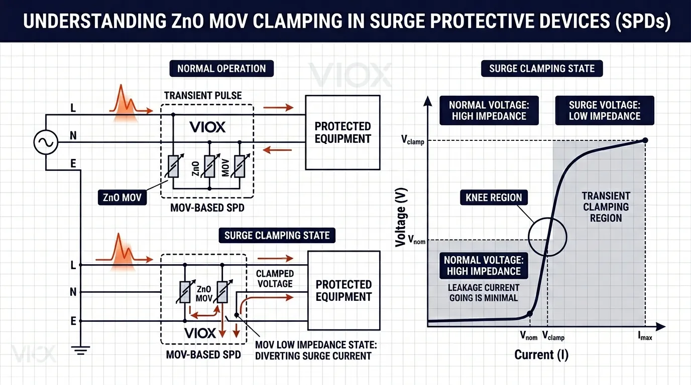 Engineering diagram showing ZnO MOV voltage clamping and surge current diversion inside an SPD circuit