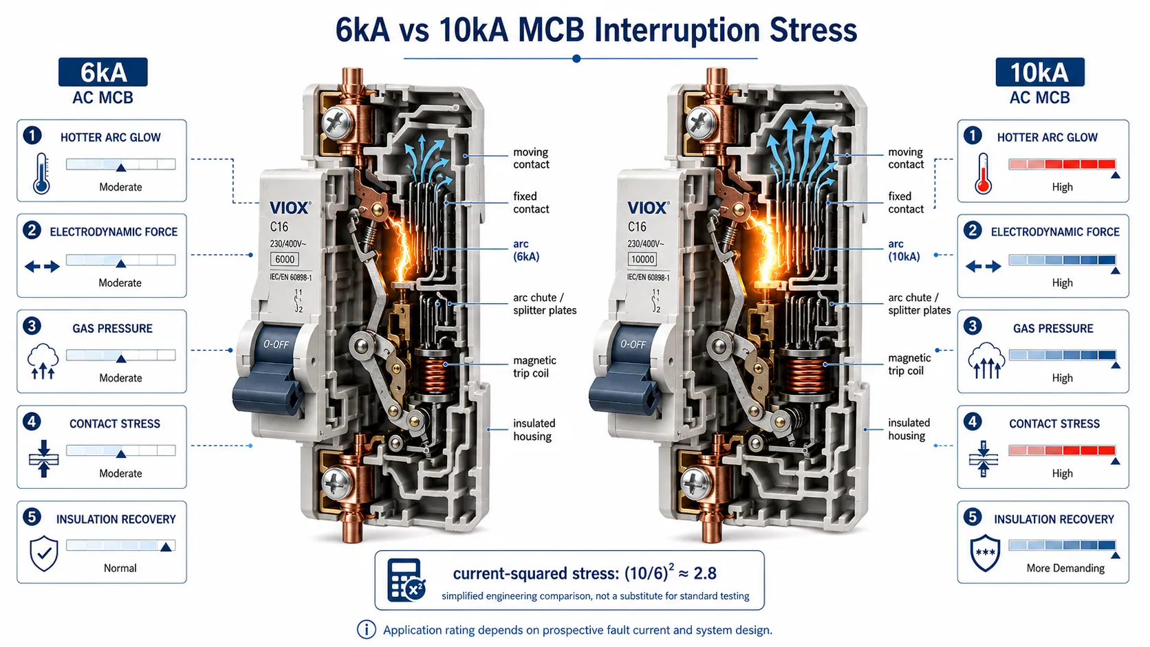 Engineering graphic comparing 6kA and 10kA MCB interruption stress showing higher arc energy contact force gas pressure and insulation stress at 10kA