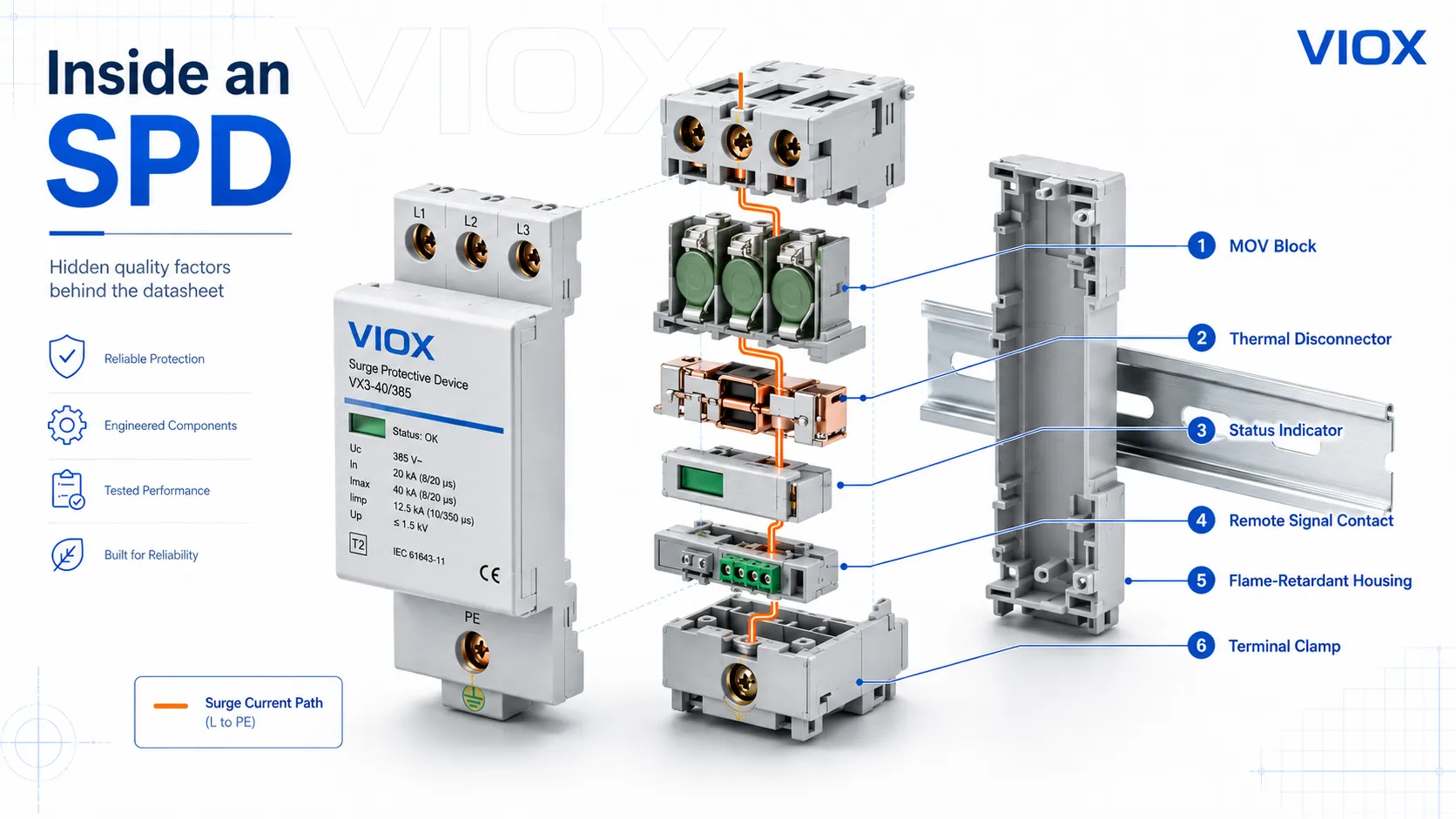 Exploded SPD illustration showing MOV block, thermal disconnector, status indicator, remote signaling contact, housing, and terminal clamp