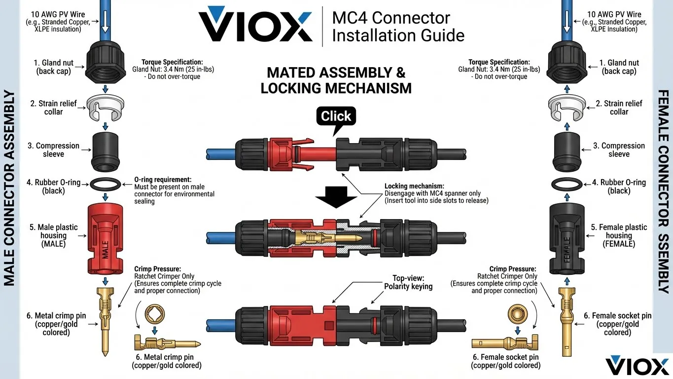 Exploded diagram of MC4 male and female connector assembly showing all components and assembly sequence.