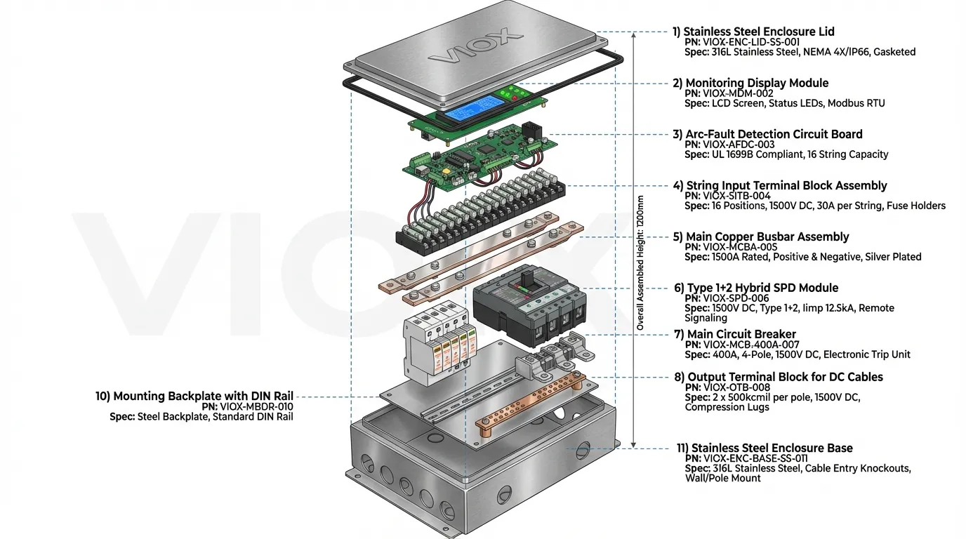 Sơ đồ kỹ thuật dạng xem tách rời của hộp kết hợp quy mô tiện ích VIOX hiển thị tất cả các thành phần bên trong bao gồm vỏ, thanh cái, bộ ngắt mạch, cầu chì, SPD, hệ thống giám sát và phần cứng lắp với trình tự lắp ráp
