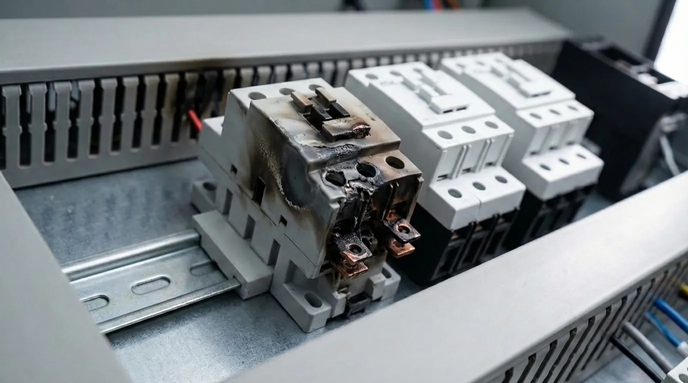 Failed modular contactor showing heat damage and contact welding from improper AC-7a rating used on inductive motor load