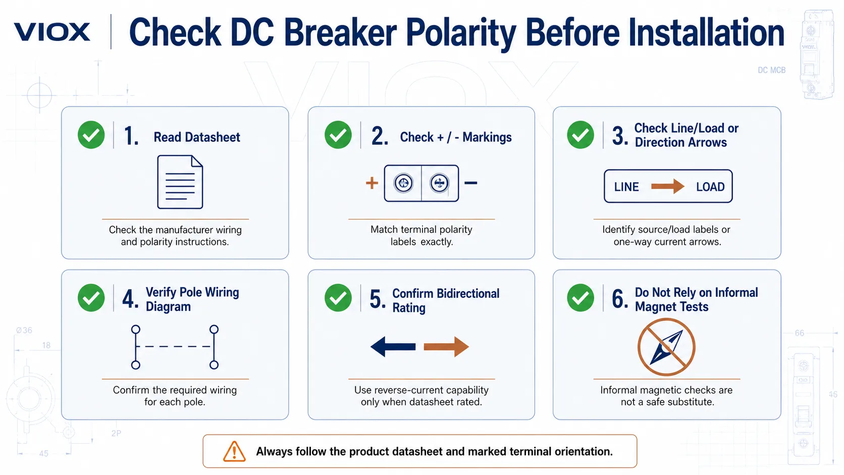 Field checklist for checking DC breaker polarity using datasheet markings, wiring diagram, and bidirectional rating
