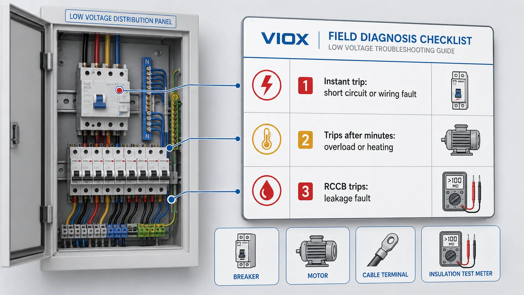 Field diagnosis guide for breaker trips caused by overload, short circuit, and leakage fault.