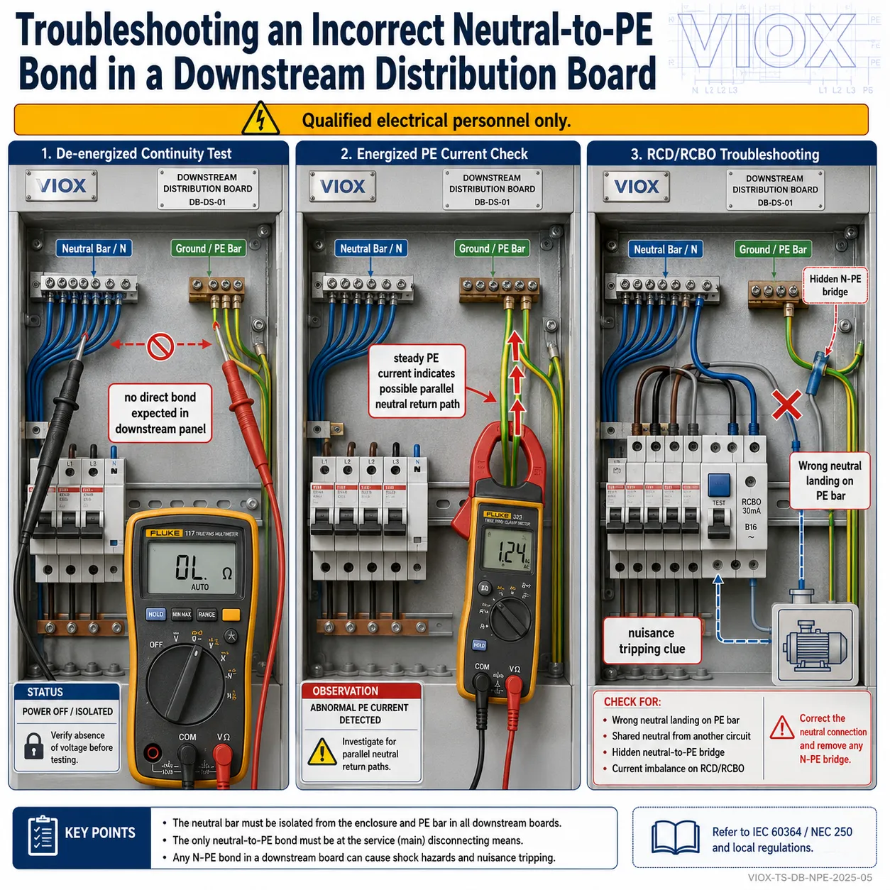 Field troubleshooting diagram showing multimeter continuity test PE clamp current check and RCDRCBO diagnosis for hidden neutral to ground bonding faults
