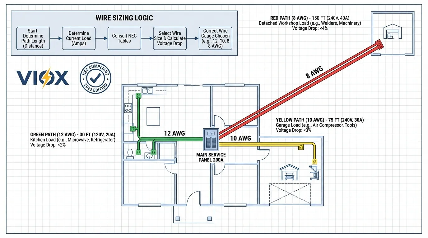 Floor plan diagram with color-coded wire paths illustrating proper sizing strategy