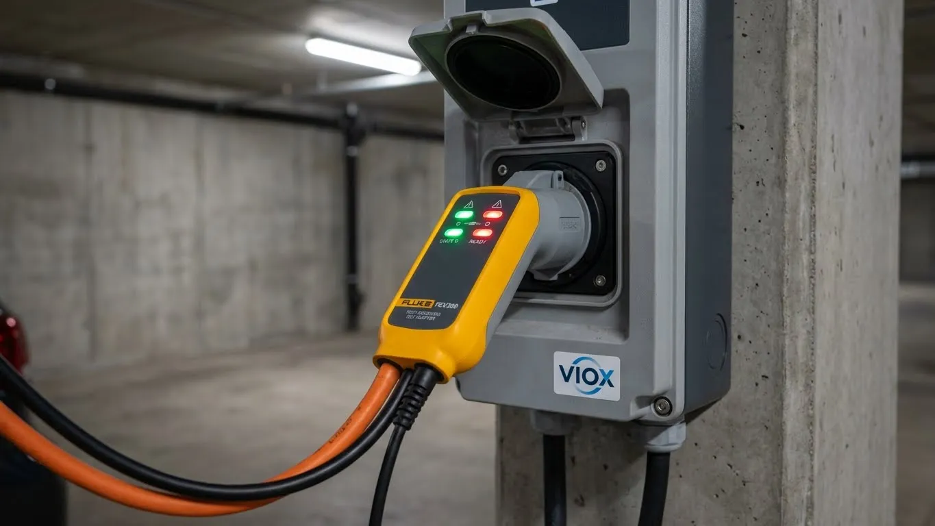 Fluke FEV300 adapter csatlakoztatva a VIOX EV töltőállomáshoz RCD teszteléshez