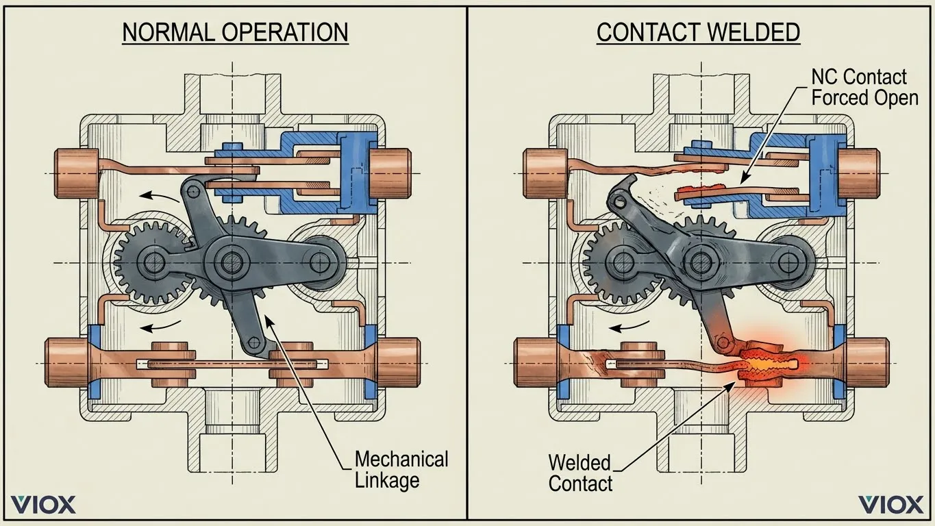 VIOX سیفٹی کانٹیکٹر میں فورس-گائیڈڈ کانٹیکٹ میکانزم جو میکانکی ربط کو دکھا رہا ہے جو غلط حفاظتی سگنلز کو روکتا ہے۔
