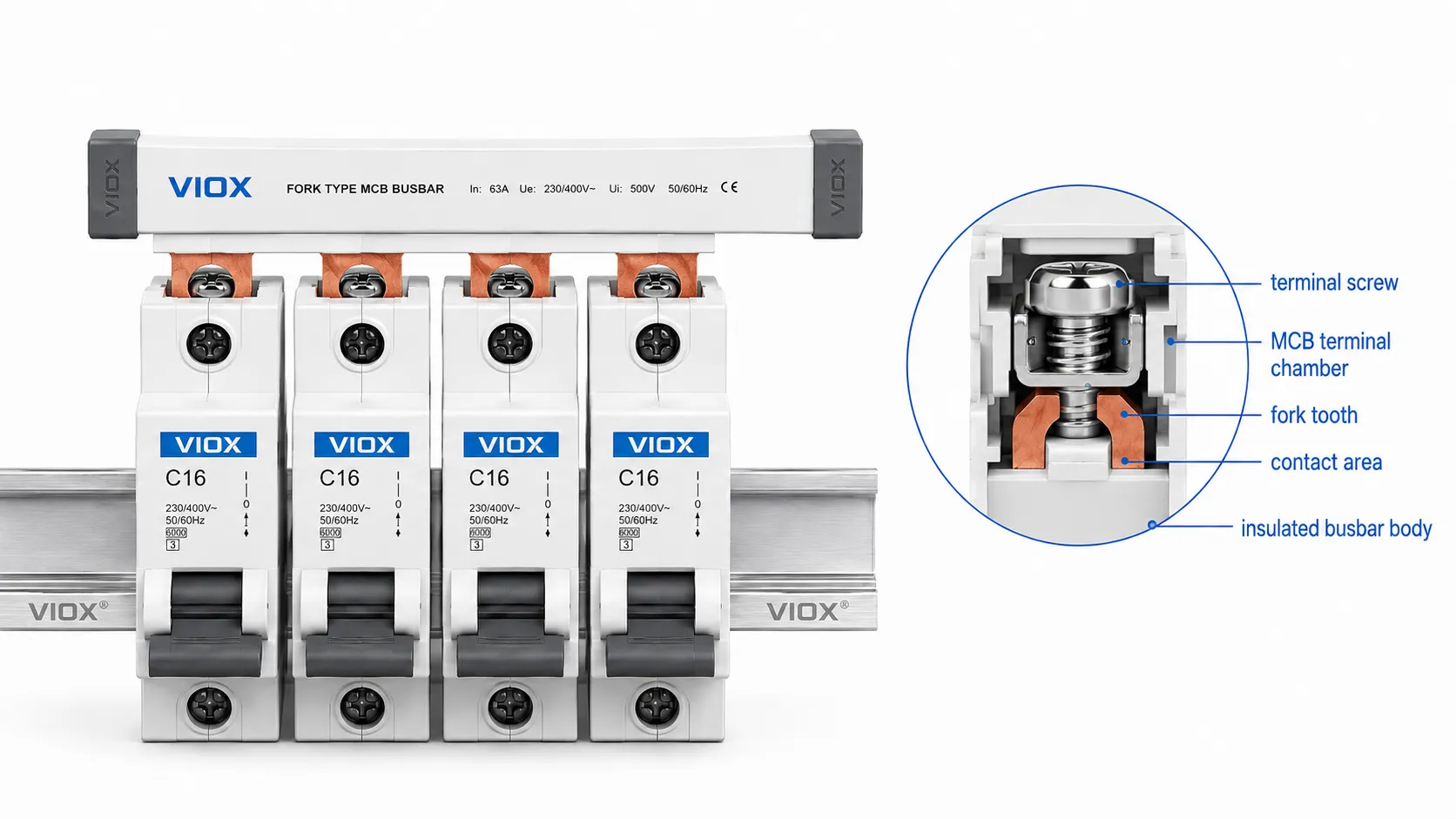 Fork type busbar inserted into an MCB terminal chamber and clamped by the terminal screw.
