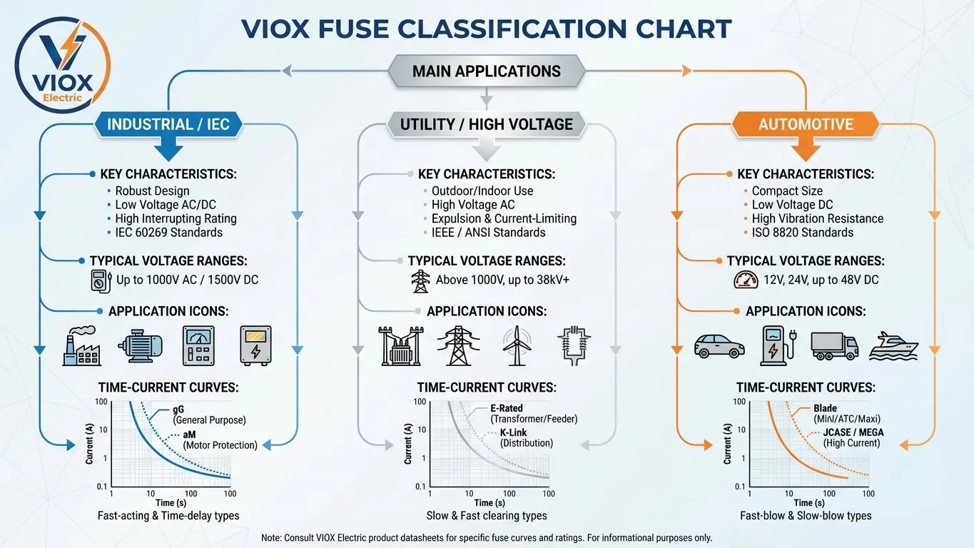 مخطط تصنيف المصهر يوضح أنواع المصهرات الصناعية والمرافق والسيارات - VIOX Electric