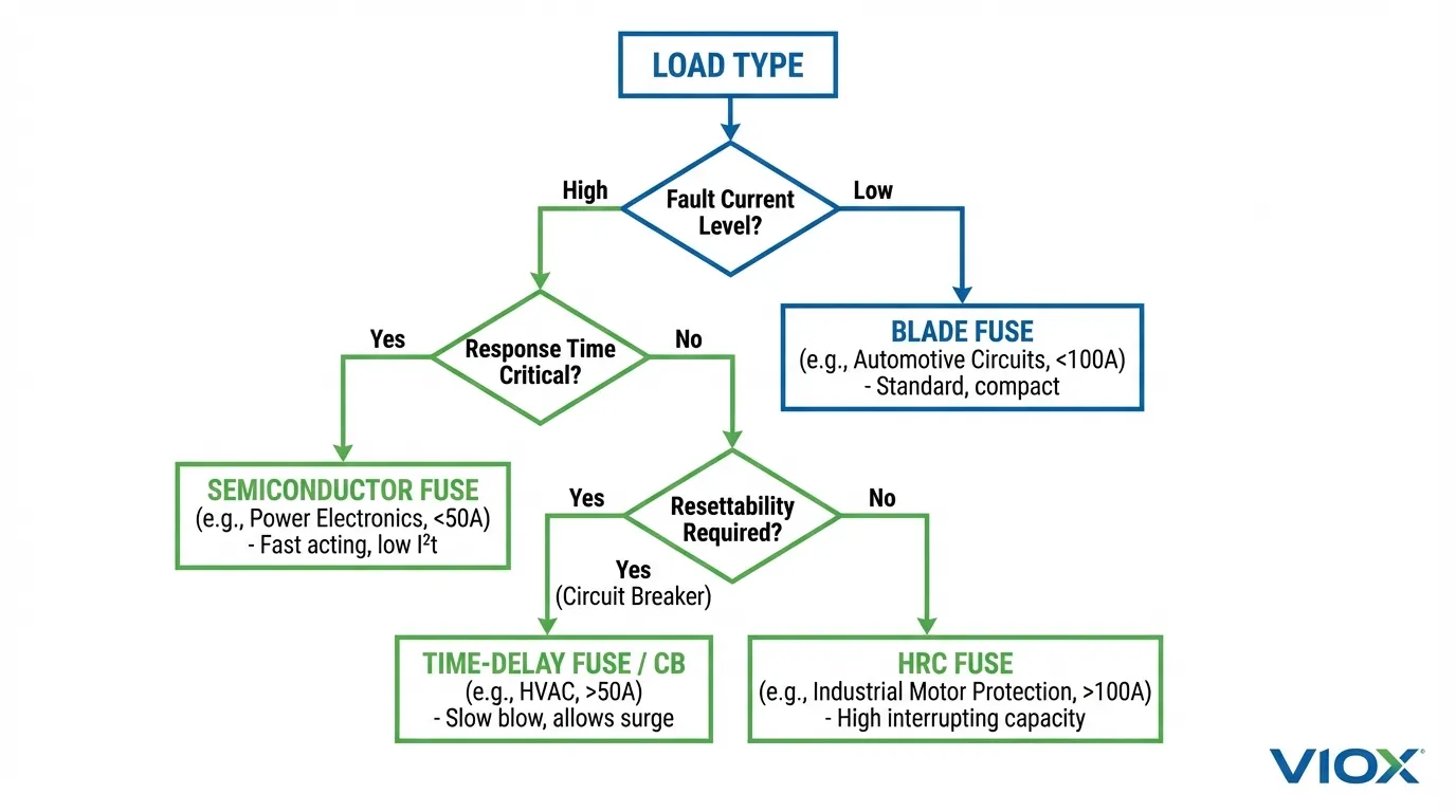 Bagan alur keputusan pemilihan sekering untuk insinyur yang menunjukkan proses pemilihan langkah demi langkah berdasarkan persyaratan aplikasi