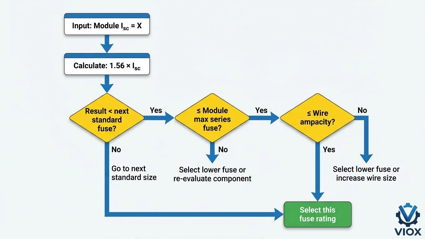 แผนผังลำดับการตัดสินใจขนาดฟิวส์สำหรับระบบพลังงานแสงอาทิตย์ PV ตามข้อกำหนด NEC 690.9 และกระแสไฟฟ้าลัดวงจรของโมดูล