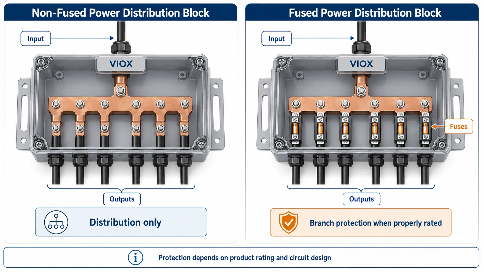 Fused versus non-fused power distribution block comparison showing distribution only and branch fuse protection