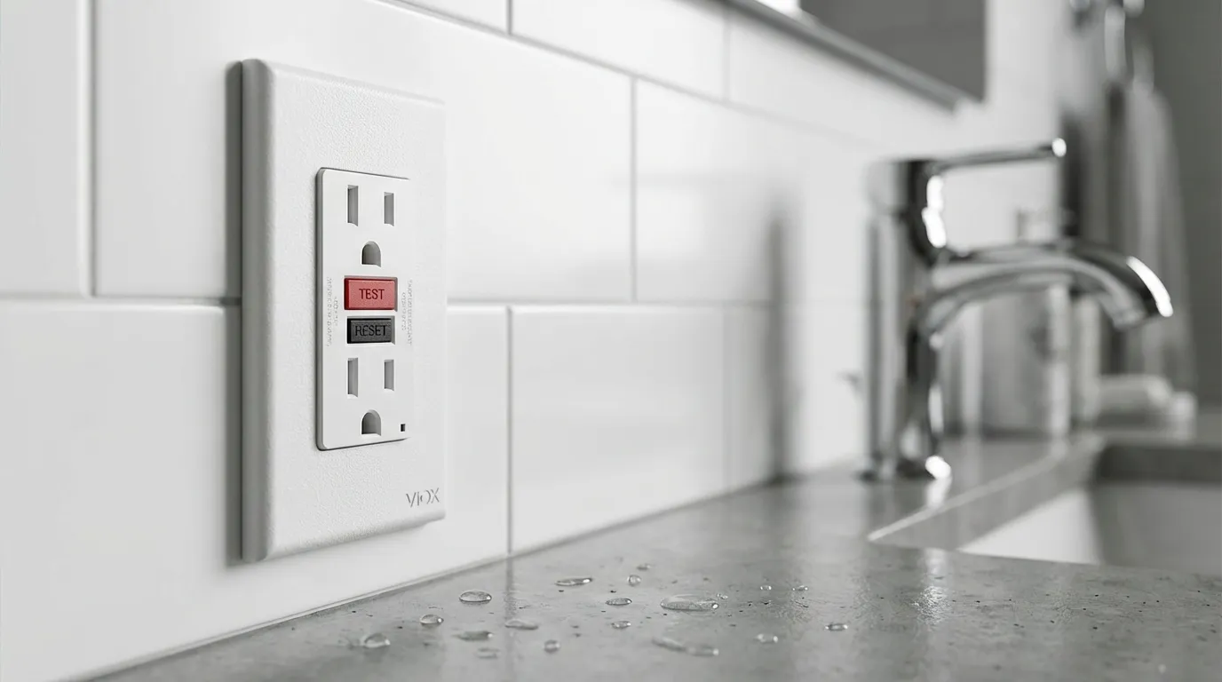 GFCI outlet installed in bathroom near sink providing electrical shock protection in wet location