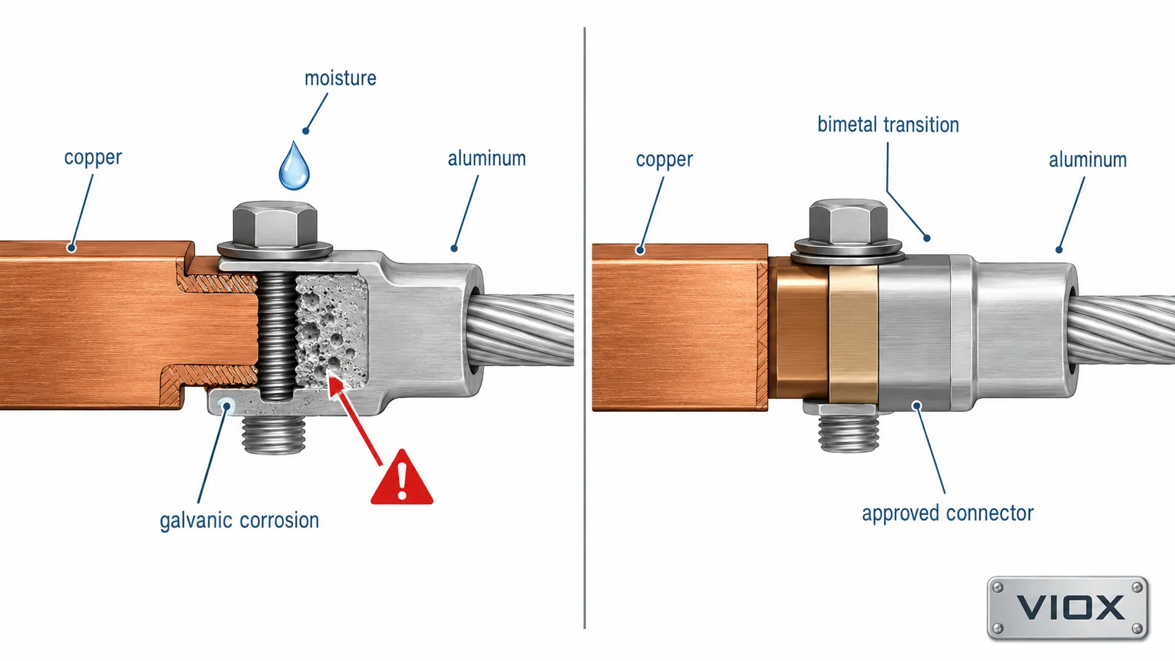 Galvanic corrosion diagram showing copper-aluminum contact with moisture and a bimetal transition solution.