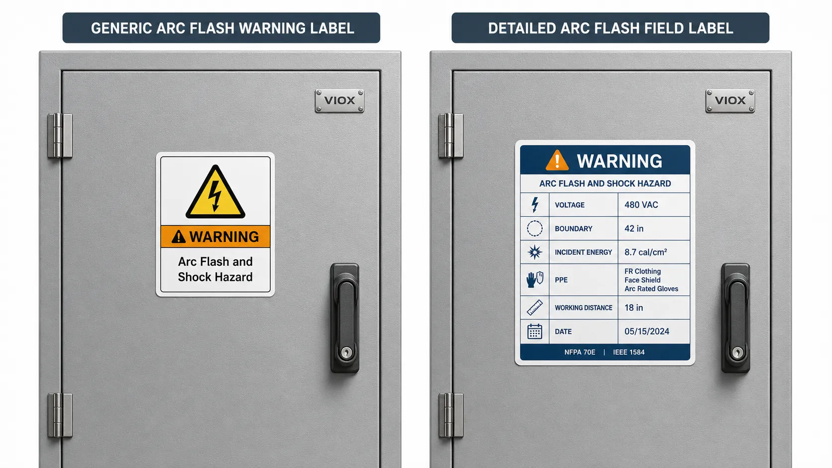Generic arc flash warning label compared with a detailed arc flash field label.