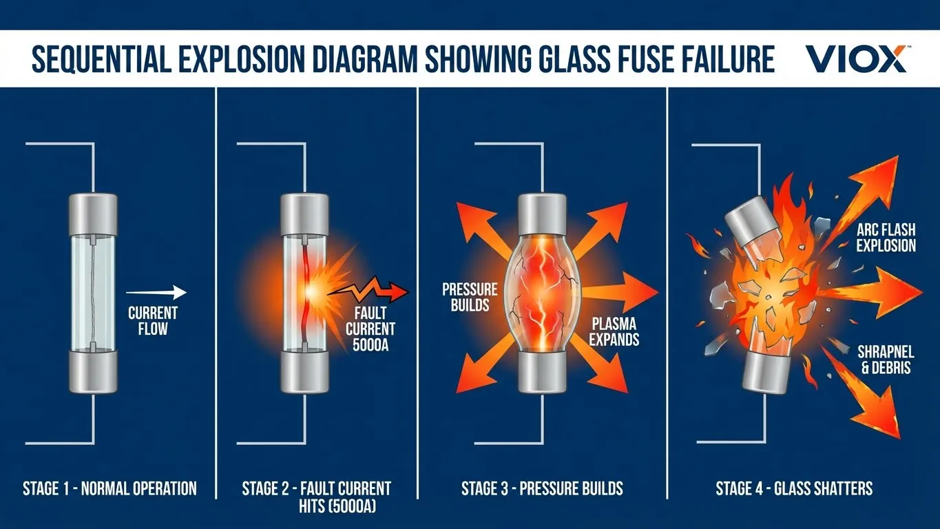تسلسل الفشل الكارثي للمصهر الزجاجي يظهر خطر الانفجار والقوس الكهربائي