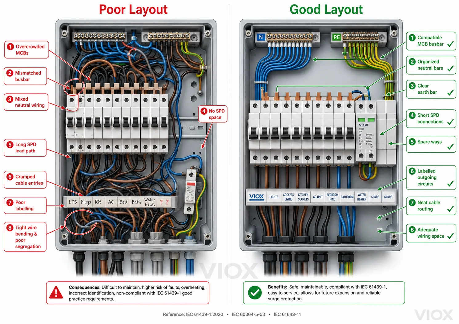 Comparison diagram of good versus poor distribution box layouts identifying busbar compatibility, neutral wiring, SPD placement, spare ways, and cable management
