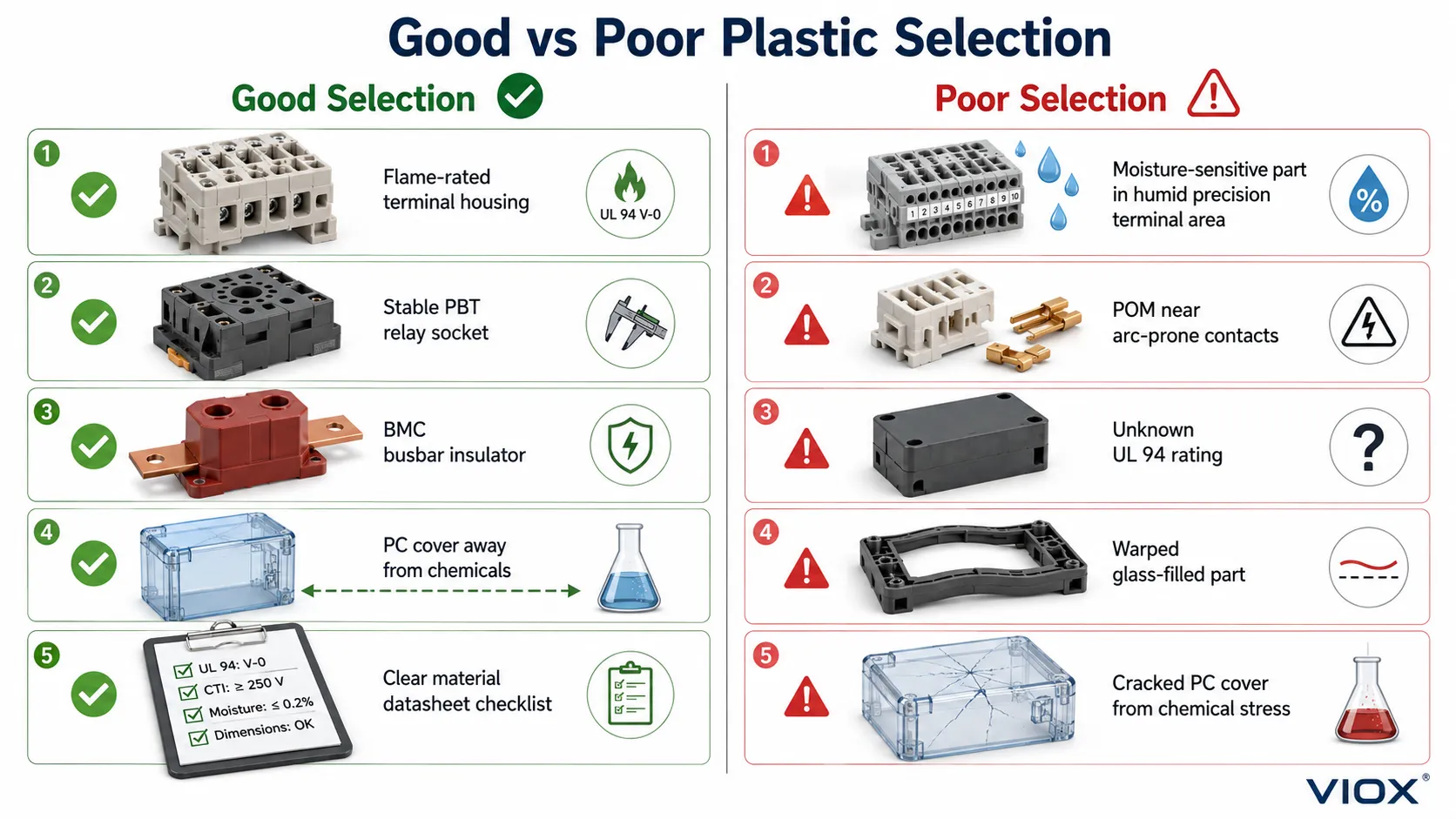 Good versus poor engineering plastic selection for electrical components showing flame rating moisture arc and warpage risks