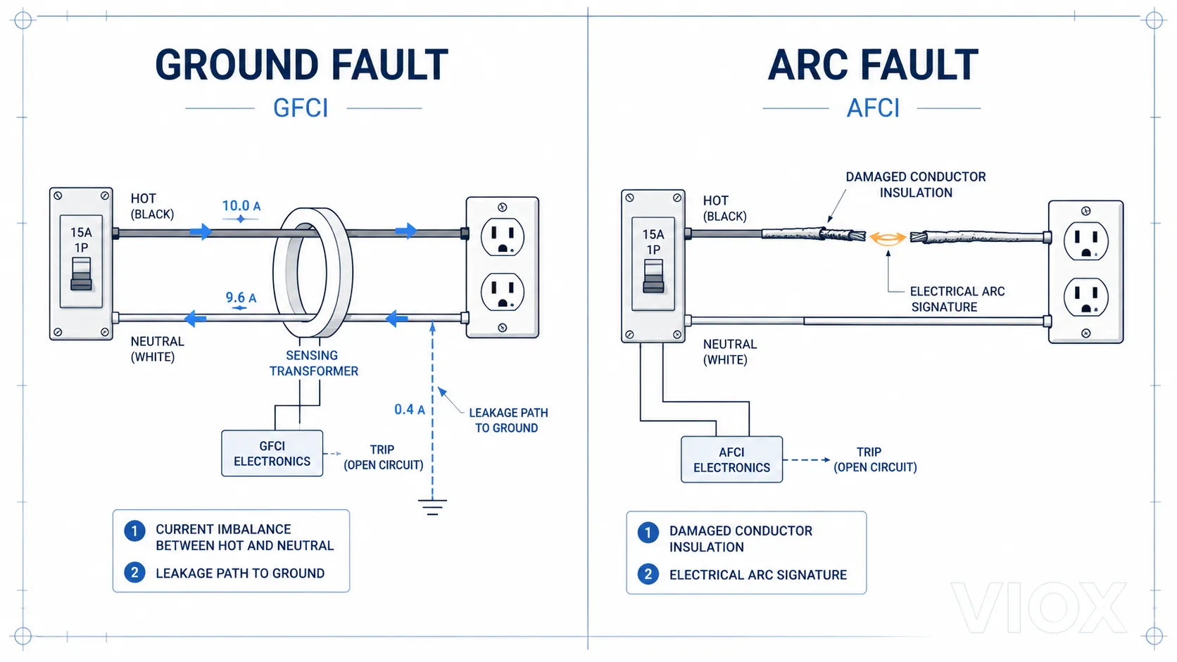Ground fault vs arc fault protection diagram for GFCI and AFCI breakers.