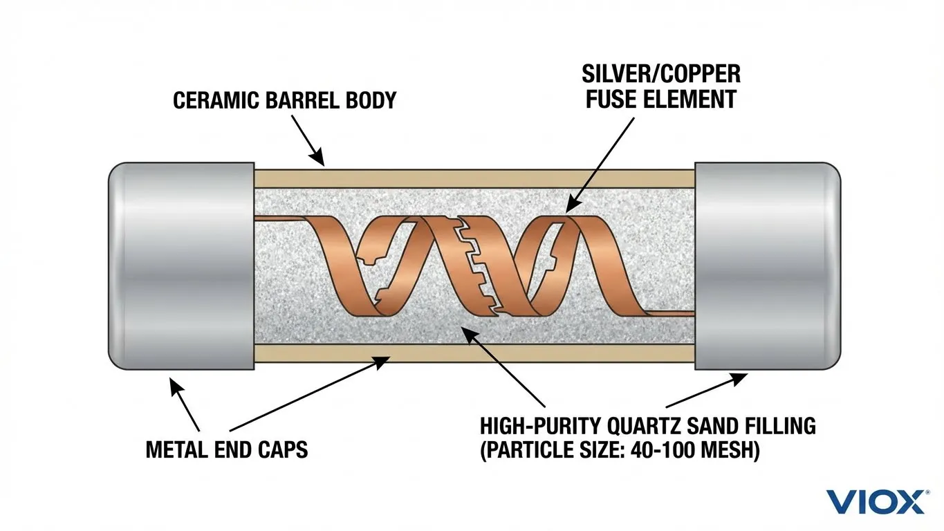 مخطط البناء الداخلي لمصهر HRC يوضح الجسم الخزفي وحشو رمل الكوارتز