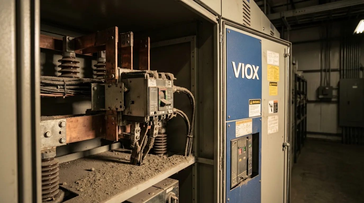 Σοβαρή συσσώρευση σκόνης σε ράβδους ζυγών και μονωτήρες πινάκων διανομής που δείχνει τον κίνδυνο μόλυνσης σε ηλεκτρικό εξοπλισμό