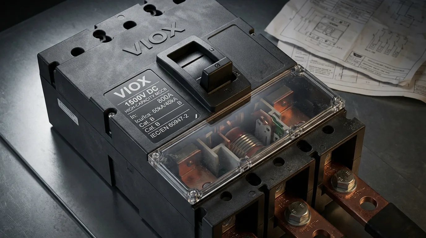 High-capacity DC circuit breaker showing 1500V rating and breaking capacity specifications with VIOX logo