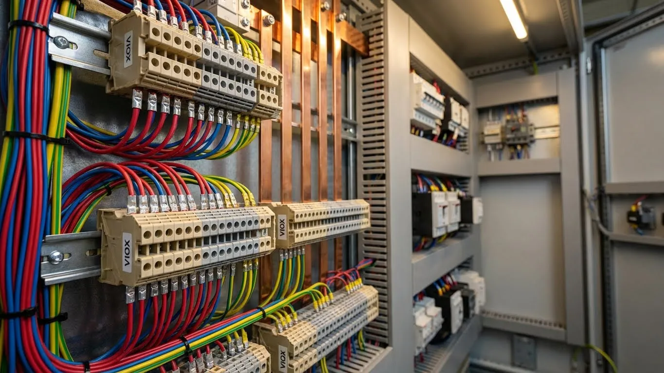 ប្លុកស្ថានីយសេរ៉ាមិច និង UKK ចរន្តខ្ពស់ដែលបានដំឡើងនៅក្នុងបន្ទះគ្រប់គ្រងឧស្សាហកម្មដែលមានម៉ាក VIOX